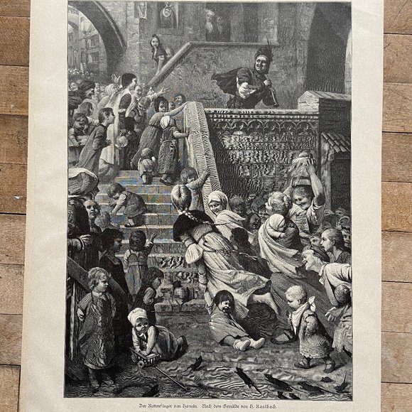German Print, Antique, Pied Piper of Hamelin - Picture 1 of 5
